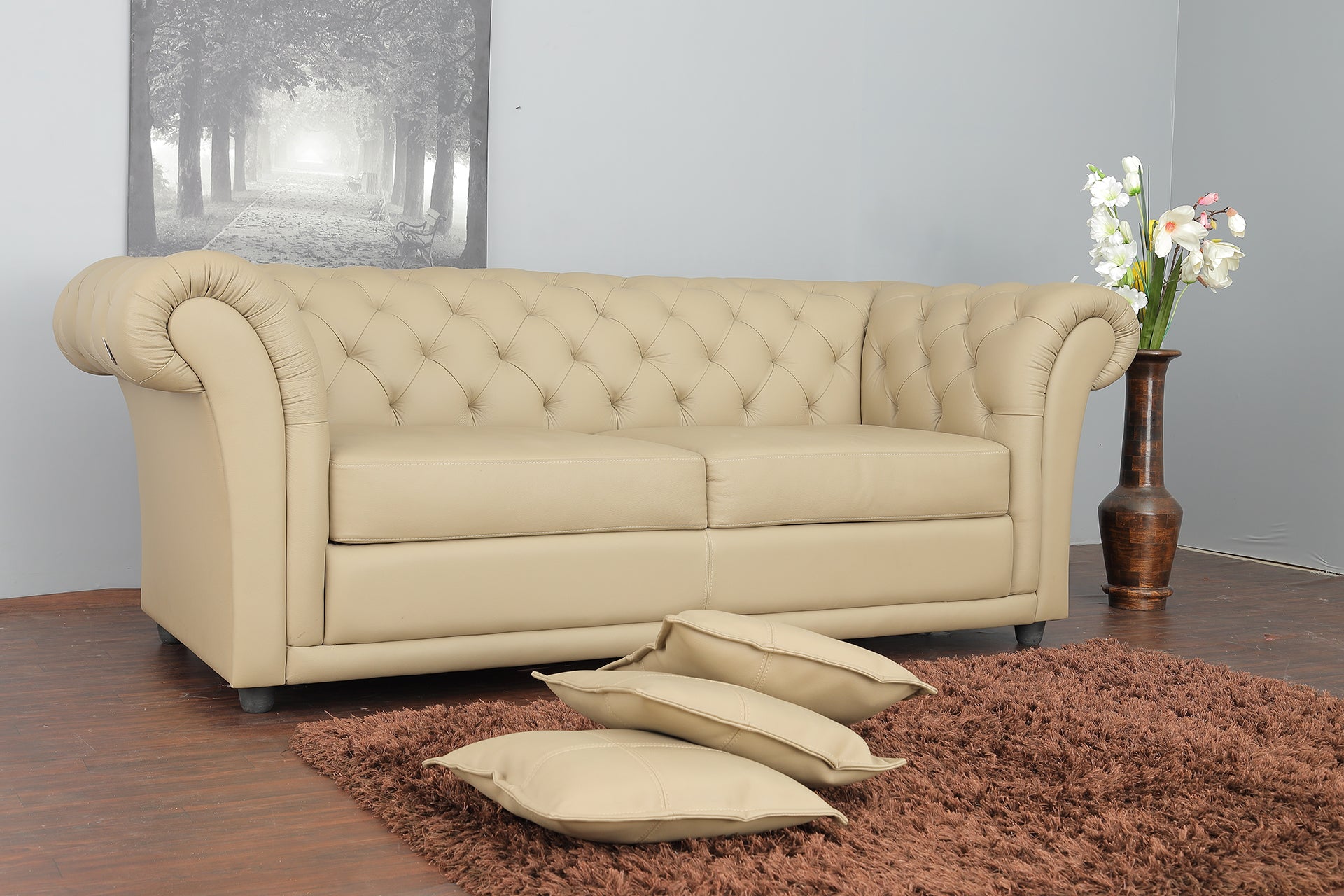 Wing Style Italian Leather Chester 3 Seater